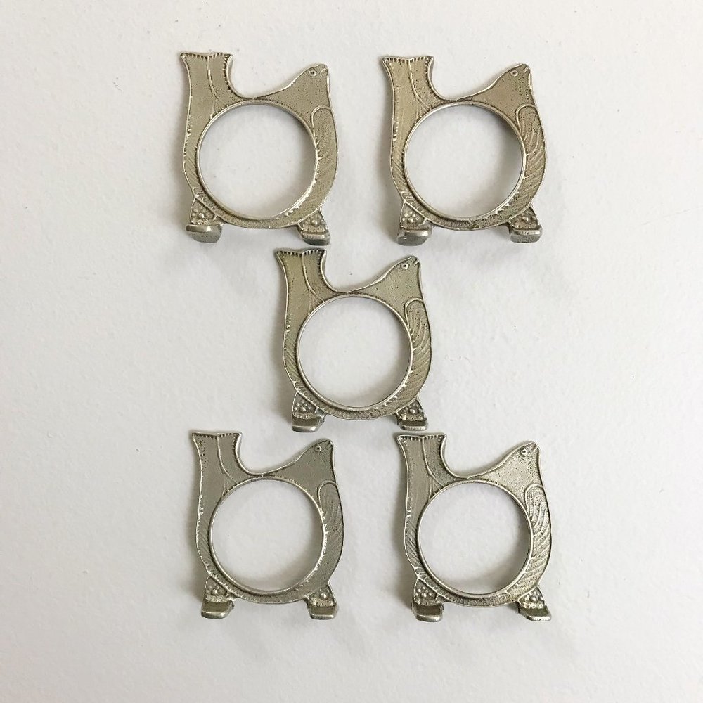 PEWTER Bird Standing Napkin Rings Set Of 5 Cottagecore Farmhouse Decor